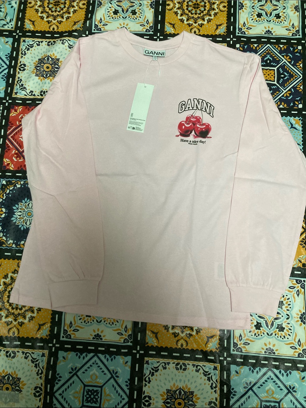 Ganni CHerry Graphic Long Sleeve Tee Pink Cropped Relaxed Fit Cotton T-shirt Tee